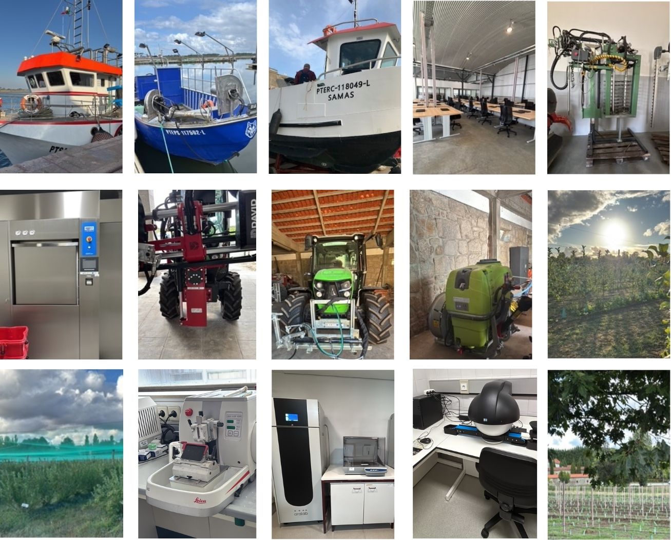fotografias de projetos e equipamentos apoiados pelo PRR, incluindo embarcações de pesca, instalações e equipamentos agrícolas, tratores e máquinas, espaços de trabalho e equipamentos laboratoriais, bem como campos agrícolas e vinhas.